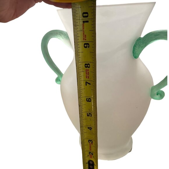 Vintage Frosted Glass Vase With Green Twisted Handles - Picture 5 of 12